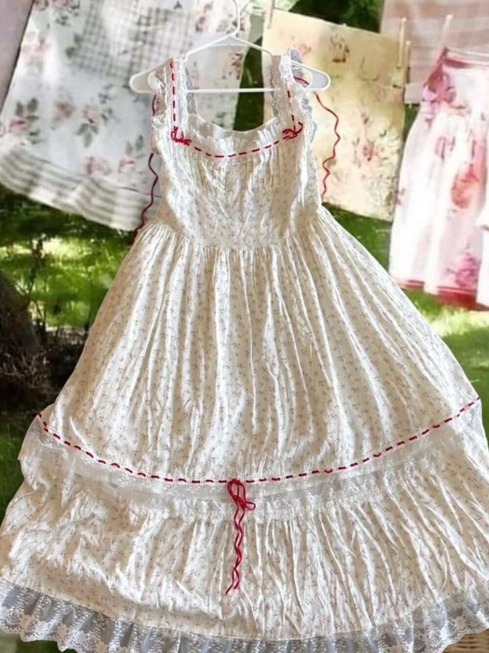 LACEMADE BEAUTIFUL COTTON MAXI ADORNED WITH LACE TRIM AND RED VELVET  DETAILS OS